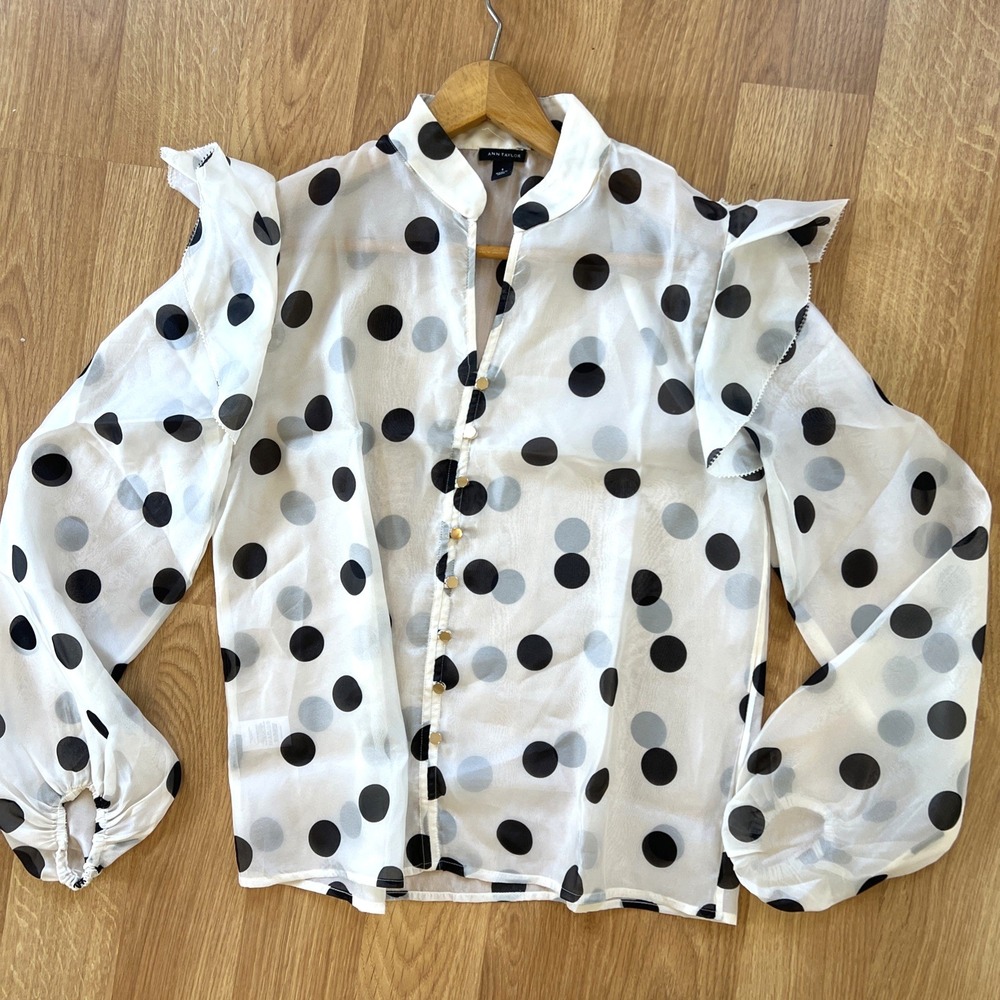 Ann Taylor Sheer Blouse Size Small Polka Dots Balloon Sleeves Work Ruffle